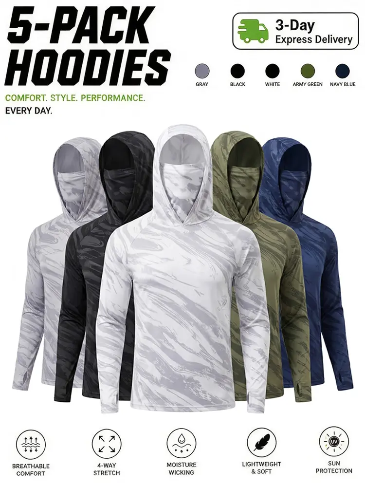 Men's 5-Piece Polyester Compression Long Sleeve Active Tops - Breathable, Quick-Dry, UV-Protective, Full-Coverage Built-In Hood & Face Covering, Camo Mesh, Spring/Fall Outdoor Hiking Tactical Work Wear