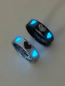 Glow in the Dark Heart Fingerprint Couple Rings, Cute Romantic Gift for Couples, Unisex Jewelry for Love Confession