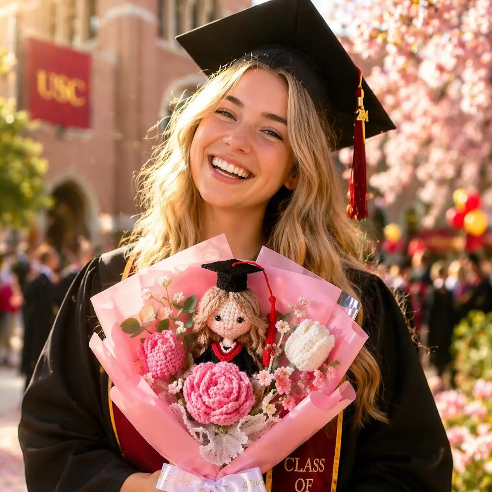 Custom Crochet Graduation Bouquet | Handmade Graduate Doll & Flowers Gift Set | Cute Pink Tulip Rose Amigurumi Bouquet | Class of 2026 Graduation Gift