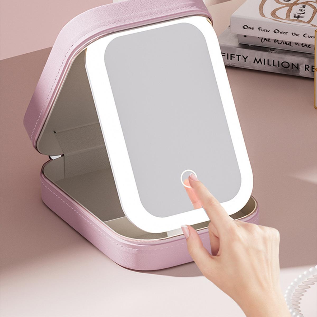 Portable Large Capacity Makeup Bag with LED Mirror, Adjustable Brightness LED Light Cosmetic Storage Containers Set, Travel Makeup Organizer