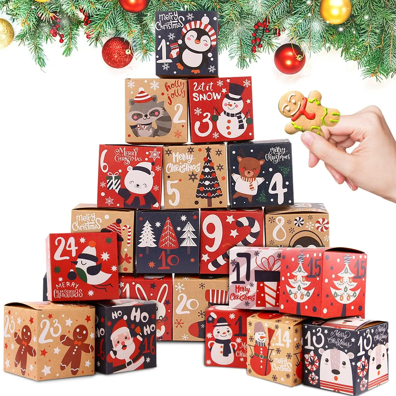 Christmas Advent Calendar Boxes, 24 Days Kraft Paper Advent Countdown Gift Boxes for Kids and Family LOKIPA