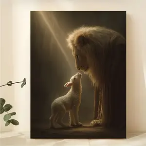 1pc Lion and Lamb Verse Wall Art - Jesus Christ & Lion of Judah Religious, Ready-to-Hang Church Decor, Symbolic Peace & Redemption Canvas Print for Worship Spaces, 2D Flat, Perfect for Room Decor