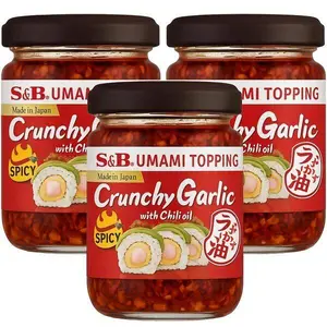 S&B Umami Topping Crunchy Garlic Spicy Chili Oil 3.88 Oz Mild & Spicy Pack of 3 Hot Sauce with Crunchy Garlic Flavor