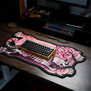 American retro skull tiger desk mat, trendy pink tiger shape non-slip desk mat, punk style special-shaped e-sports desk mat, washable creative personalized keyboard pad, soft and comfortable mouse pad