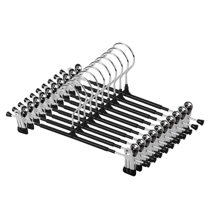 MECHEER Black 10-Pack 12-Inch Heavy-Duty Stainless Steel Pants Hangers with Clips, Adjustable Non-Slip Home Organizer for Women’s Jeans, Skirts, Shorts, Leggings, Kids’ Clothing, Space-Saving Closet Solution, Black 10Pack