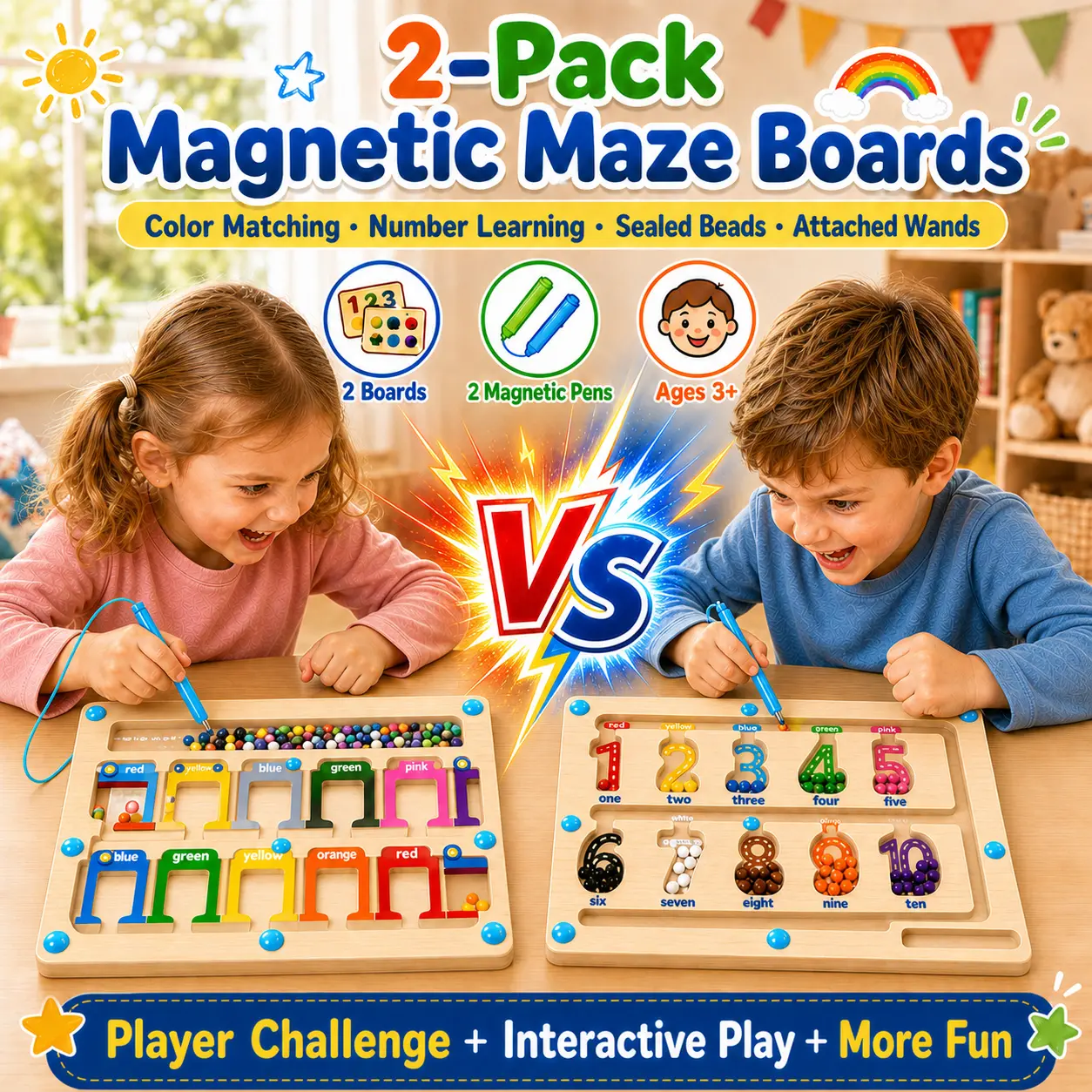 VVINCA 2 Boards Wooden Magnetic Maze - Montessori Busy Board with Sealed Magnetic Beads, Color Counting, Number Learning, Attached Wand, Travel Outdoor Toy, Birthdays Halloween Christmas Gift for Preschoolers