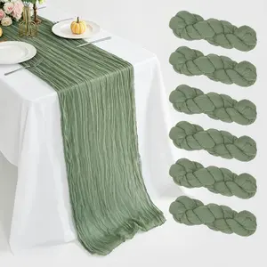6 Pcs Sage Cheesecloth Table Runners, Bohemian Vintage Style, 35x120 & 21x120 Inches, Easter, Spring, Party Decorations