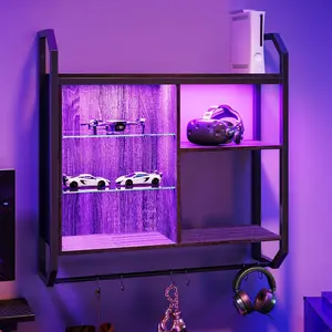 Gaming Floating Shelves, 34" LED Wall Mounted Shelf with Adjustable Glass Shelf, Pipe Shelves  Display Rack Bookshelf with 6 S-Hook, Gaming Room Decor  Coffee Bar Black