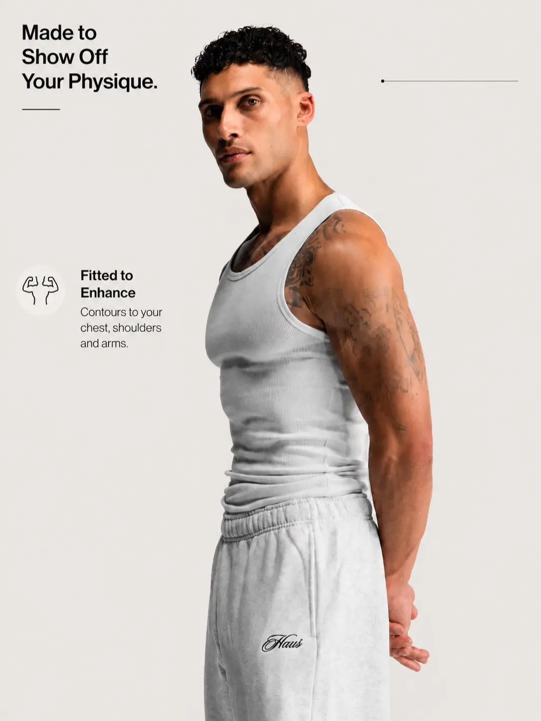 Men's fitted tank designed to enhance chest shoulders and arms