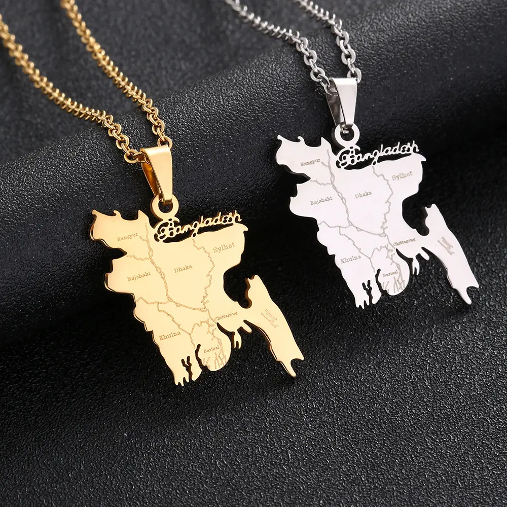 Unisex Bangladesh Map Stainless Steel Necklace, Ethnic Style Exquisite Jewelry Gift for Couples, Casual, Daily, Chain & Link, Metal Coating, Metal Plated Gold, Pendant