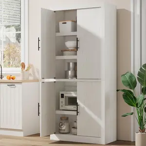 Tall Farmhouse Kitchen Pantry Cabinet with 4 Doors and Adjustable Shelves, Heavy Duty Wood Storage Cabinet with Anti-Tip Design, Freestanding Pantry Organizer Bookcase for Kitchen Dining Room Office in Multiple Styles