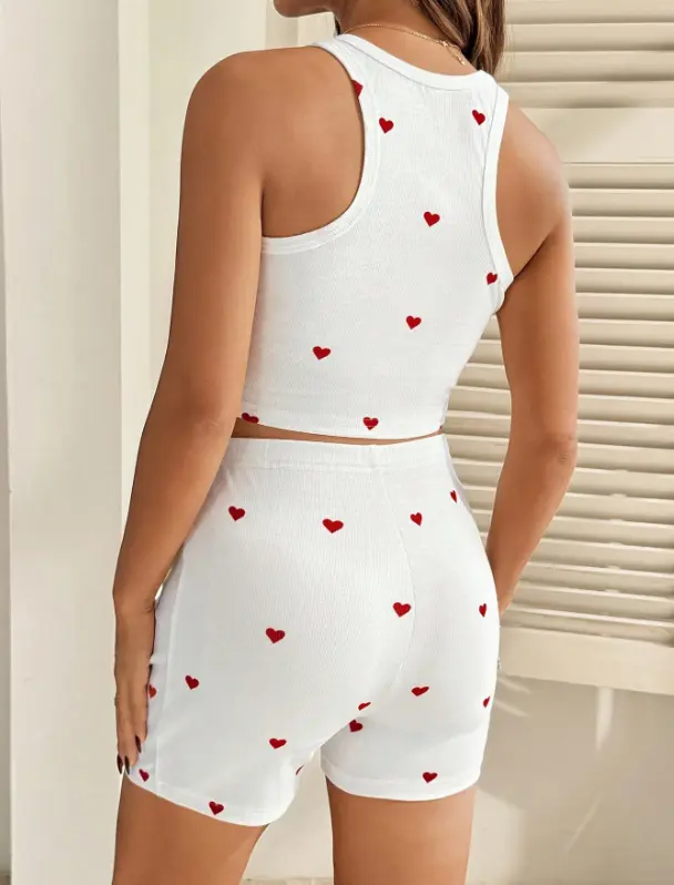 CMEUND Maternity U-Neck Sleeveless Wide Strap Fitted Heart Print 2 Pieces Set Summer