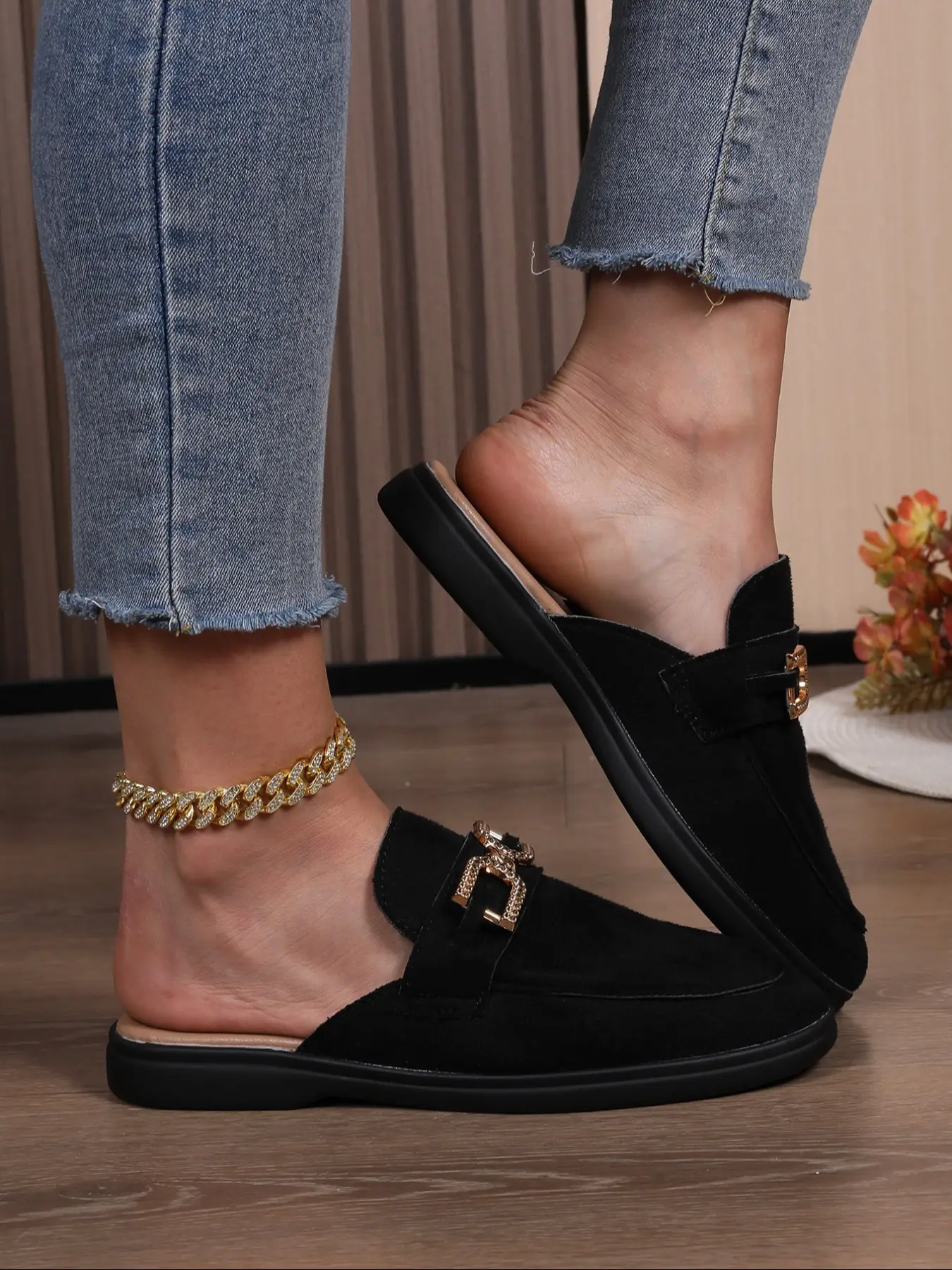 Summer New Half-Drag Mules Women's Shoes, Rhinestone Metal Buckle Lazy Shoes, Comfortable Casual Slip-Ons, Above Ankle Below Knee, Rubber, Footwear