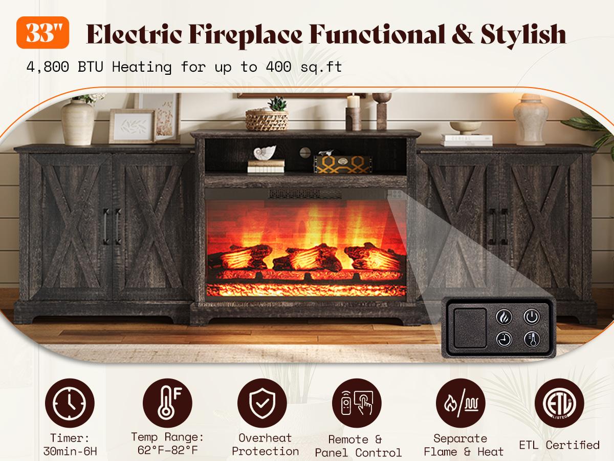 [Ships in Multiple Boxes] VanAcc 70"/ 97" Large Fireplace TV Stand, Farmhouse Entertainment Center with 33" Electric Fireplace, Media Console with Storage Cabinets & Adjustable Shelf
