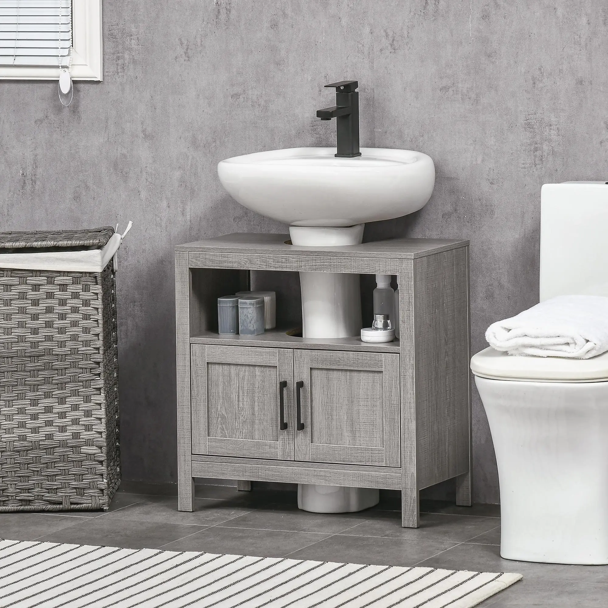 Pedestal Sink Storage Cabinet Bathroom Under Sink Cabinet with 2 Doors Open Shelf Gray MDF Painted Finish Space Saving Solution for Small Bathrooms 23.5" W x 11.75" D x 23.5" H
