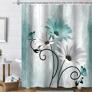 4-Piece Blue Daisy Style Floral Country Shower Curtain Set, Includes Shower Curtain, Rug, and Bathroom Decoration Accessories, Waterproof Bathroom Decor Kit