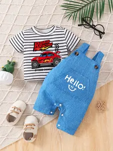 Spring Summer Baby Boy Racing Car 2 Piece Set,🚗Super Cute Hello Denim Bib Pants, Infant Fashion, Short Sleeve, Loose Fit✨