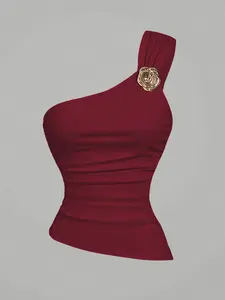 Metallic Rose Buckle Asymmetrical Top, Elegant Sleeveless Top, Pleated Waist Slim Fit Single Shoulder Vest, Wine / Sexy Design Underwear, Womenswear