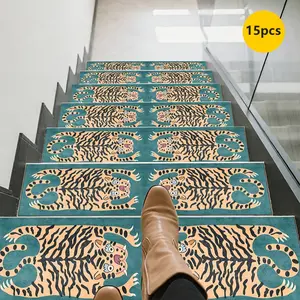 15pcs Blue and Brown Patterned Print Stair Treads, Non-Slip Stair Carpets, Protective Step Rugs, Hemmed Stair Mats for Home Decor, Indoor Room Accessories for Bedside, Suitable for Indoor/Outdoor Stairs, Wooden or Hard Surfaces