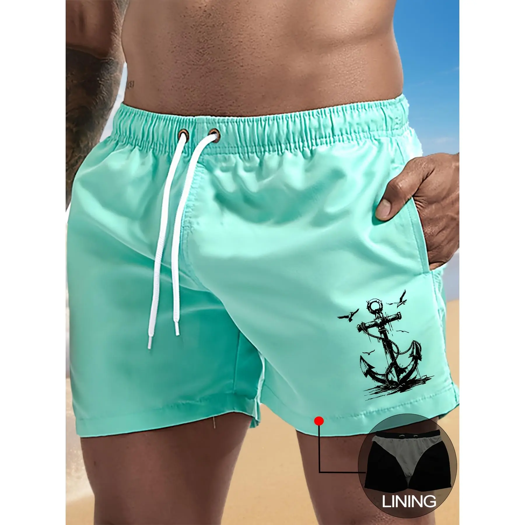 Men's Mid-Waist Graphic Print Lined Beach Shorts with Drawstring and Pockets for Casual Surfing, Male
