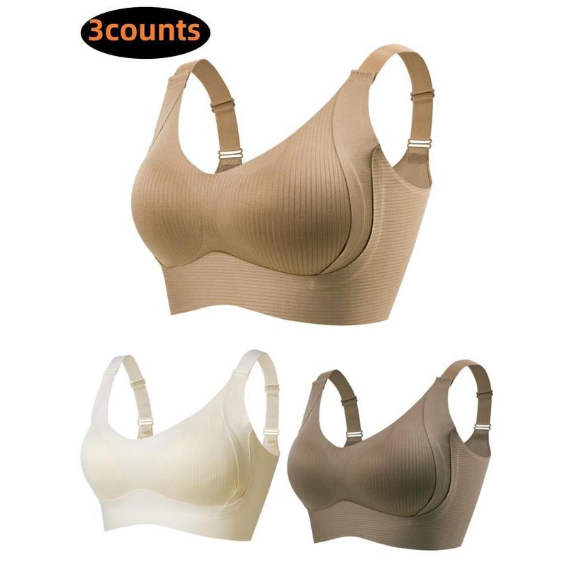 Women's 3-Pack Seamless Wireless Push Up Bra, Adjustable Supportive Solid Ribbed Bra, Soft Comfortable Breathable Lingerie with 4 Hooks, Perfect for Daily Wear, All Seasons Comfortable Intimates for Women