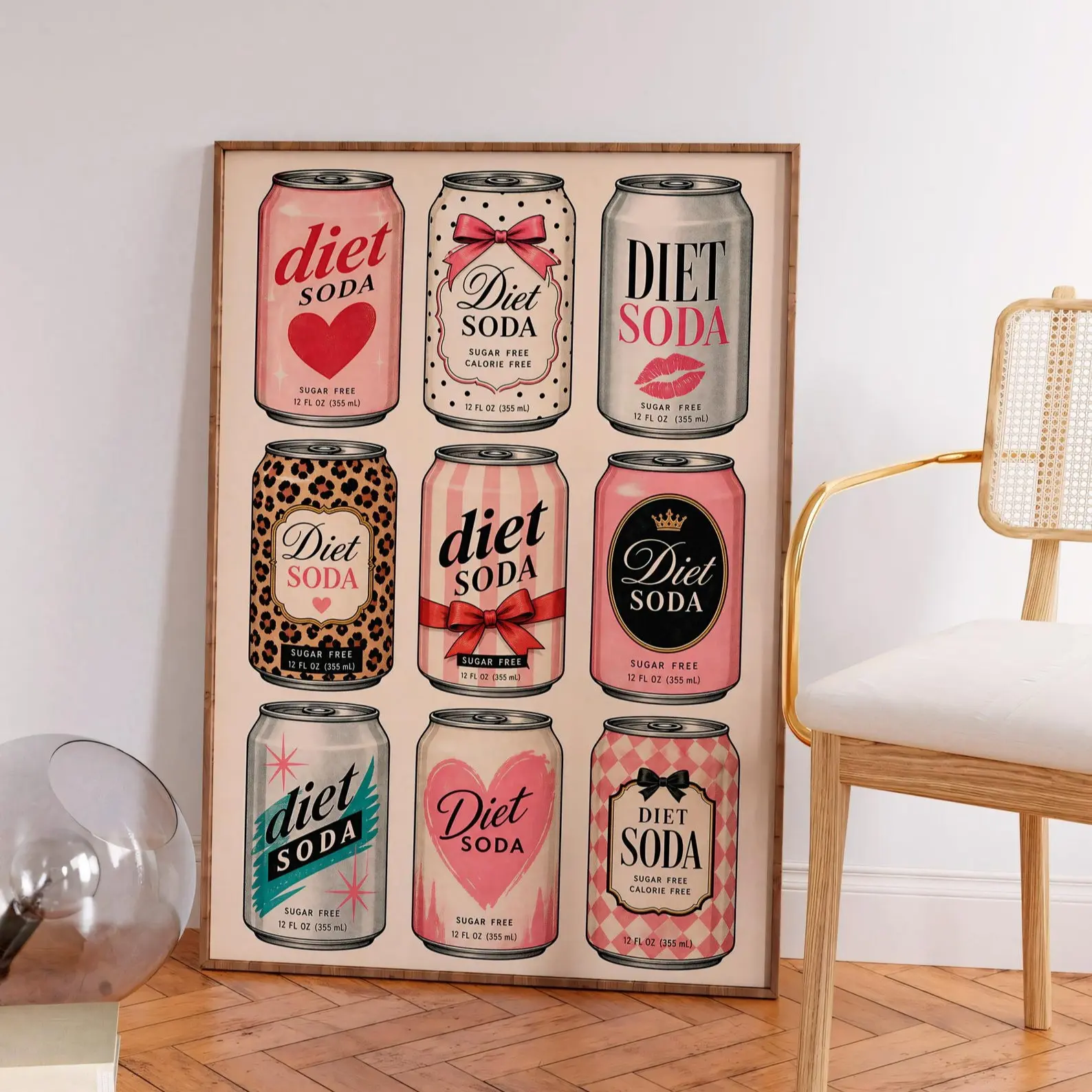 Retro Soda Poster, Diet Soda Art Print, Pink Kitchen Decor, Vintage Pop Art, Cute Aesthetic Wall Art, Fun Food Poster