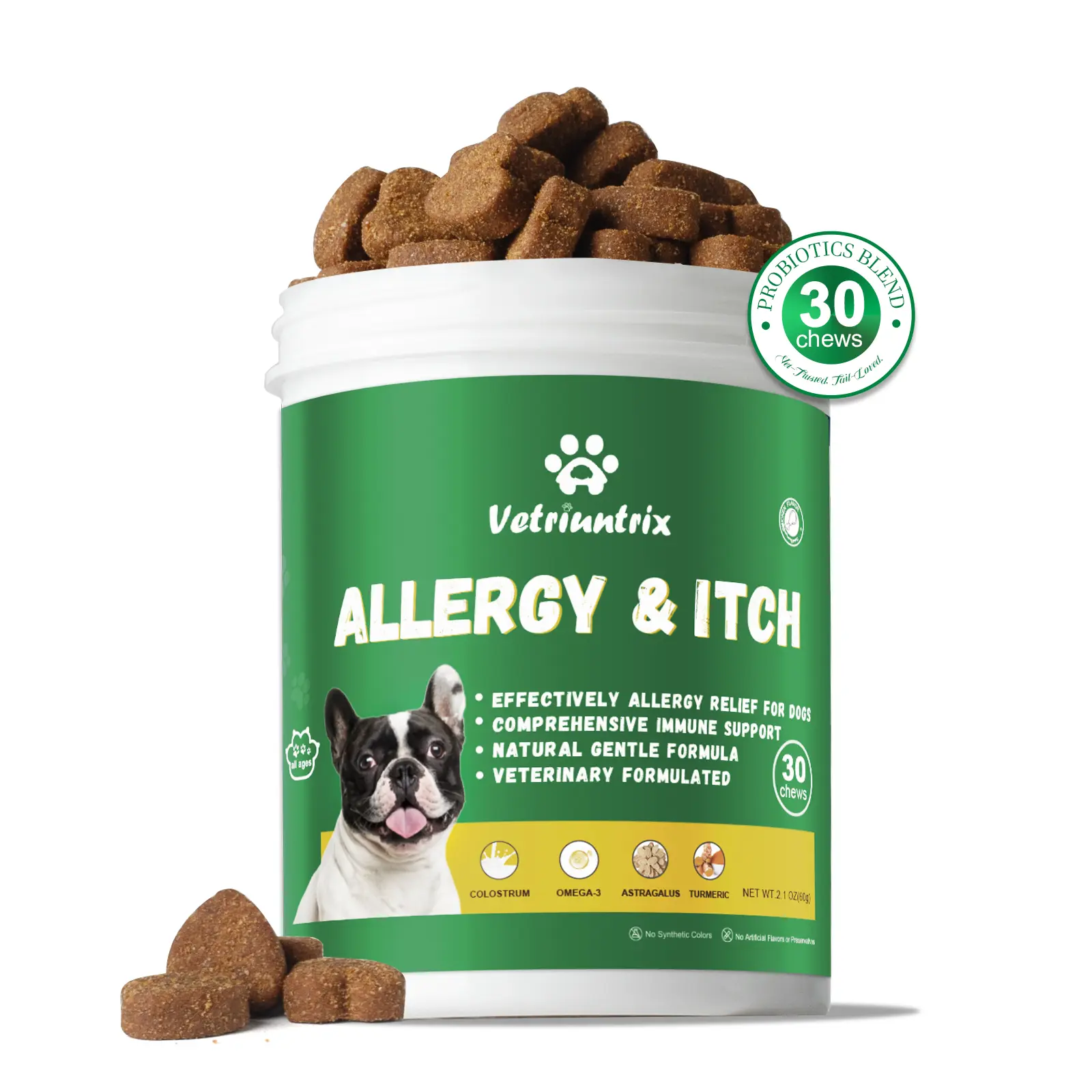Vetriuntrix Dog Allergy & Itch Relief Chews with Colostrum Omega-3 Astragalus Root for Itchy Skin, Allergies & Digestive Health | Immune Support Supplement