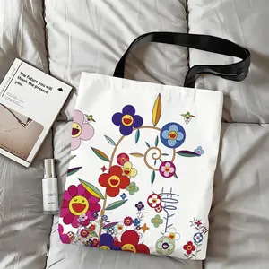 T-Takashi Murakami Flower Storage Bags Canvas Double-Sided Print Tote Bag Large Capacity Shoulder Students Festive Fashion Eco Outdoor Picnic Travel High Quality Shopping Handbag Machine Washable Foldable Reusable