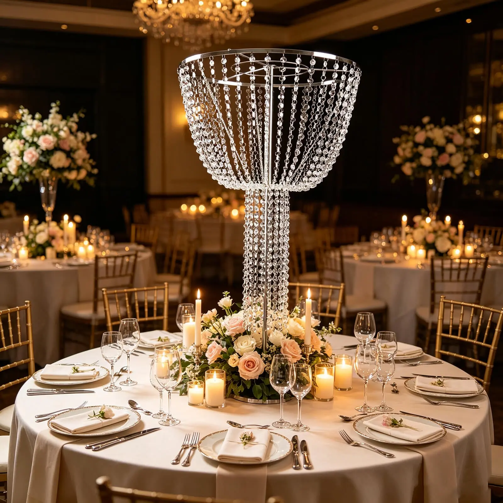 Metal Goblet Flower Stand 45" Tall – Round, Silver – Chandelier-Style Wedding Centerpiece with Acrylic Crystal Bead Strands