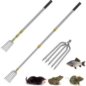 Stainless Steel Fishing Spear Frog Gig Gaff, Strong Flounder Gig with Barbed 5 Prong Tine & Long Telescopic Pole, Fishing Harpoon Spearhead Fork for Fish Bullfrog Toad Mole & Hunting