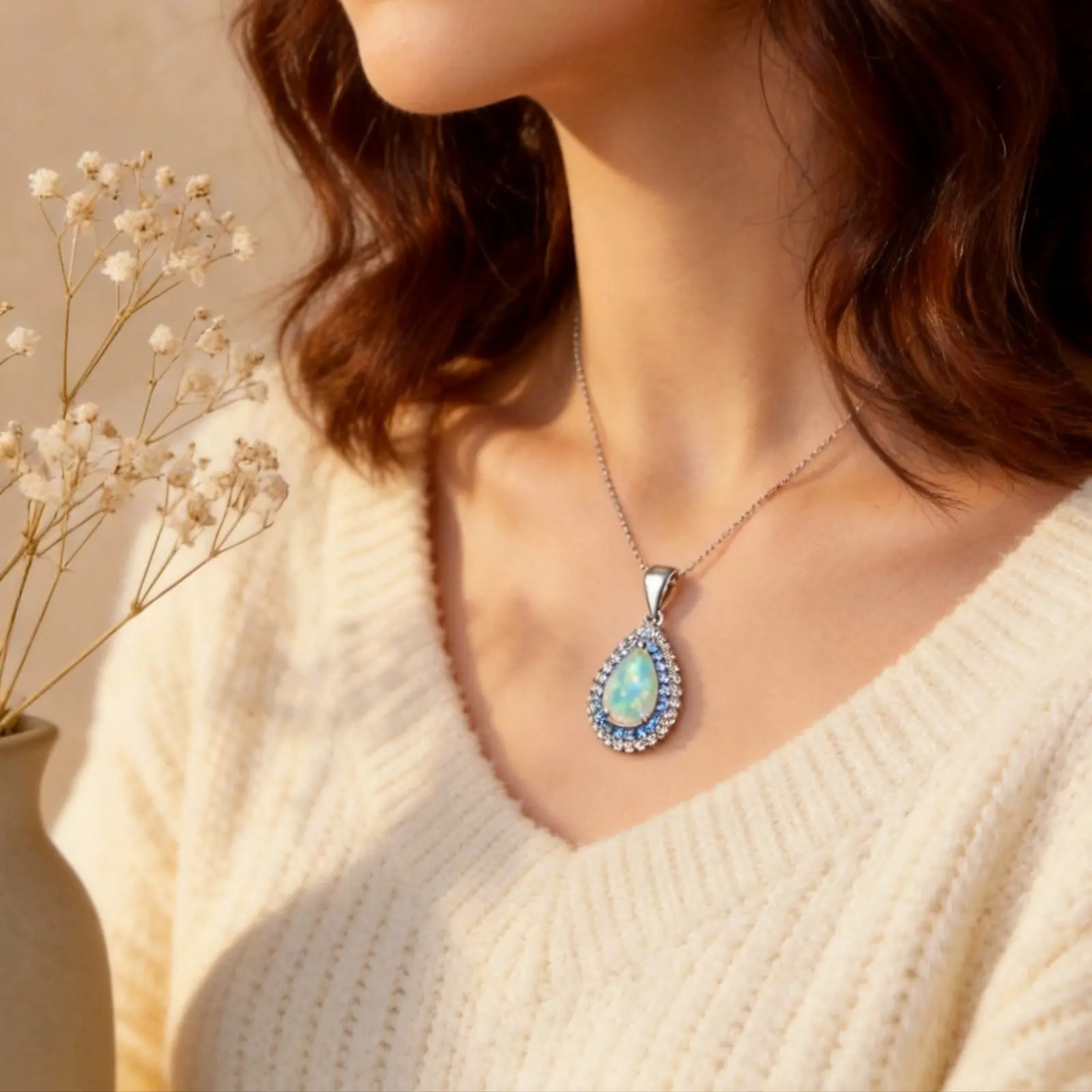 Women's AAA-Grade Color-Changing Fire Opal Teardrop Necklace, 925 Sterling Silver Chain, Dual Aura Effect Blue Crystal Pendant, Low Allergy Risk High-End Jewelry for Women, Female Romantic Birthday/Anniversary Gift