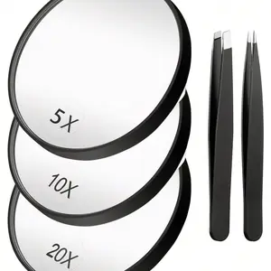 Magnifying Mirror Suction Cup, 10x & 15x Magnifying Makeup Mirrors, Portable Travel Mirror, Makeup Mirror Set, Tweezers Kit for Eyebrow Tweezing, Blackhead Removal