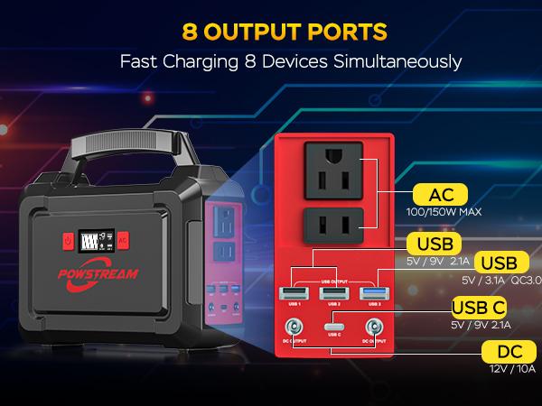 167Wh Solar Generator with 30W Solar Panel Portable Power Station with 2 x 100W AC Outlets (150W Surge) 8 Output Ports Built-in Flashlight for Home Camping Essentials Power Outages Emergency