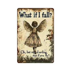 30cm x 20cm / 11.8" x 7.9" What If I Fall? Oh But My Darling What If You Fly? Metal Sign, Vintage Rustic Angel Wall Decor, Pre-Drilled Holes, Inspirational Quote Aluminum Wall Art for Living Room, Bedroom, Cafe, Gift for Her