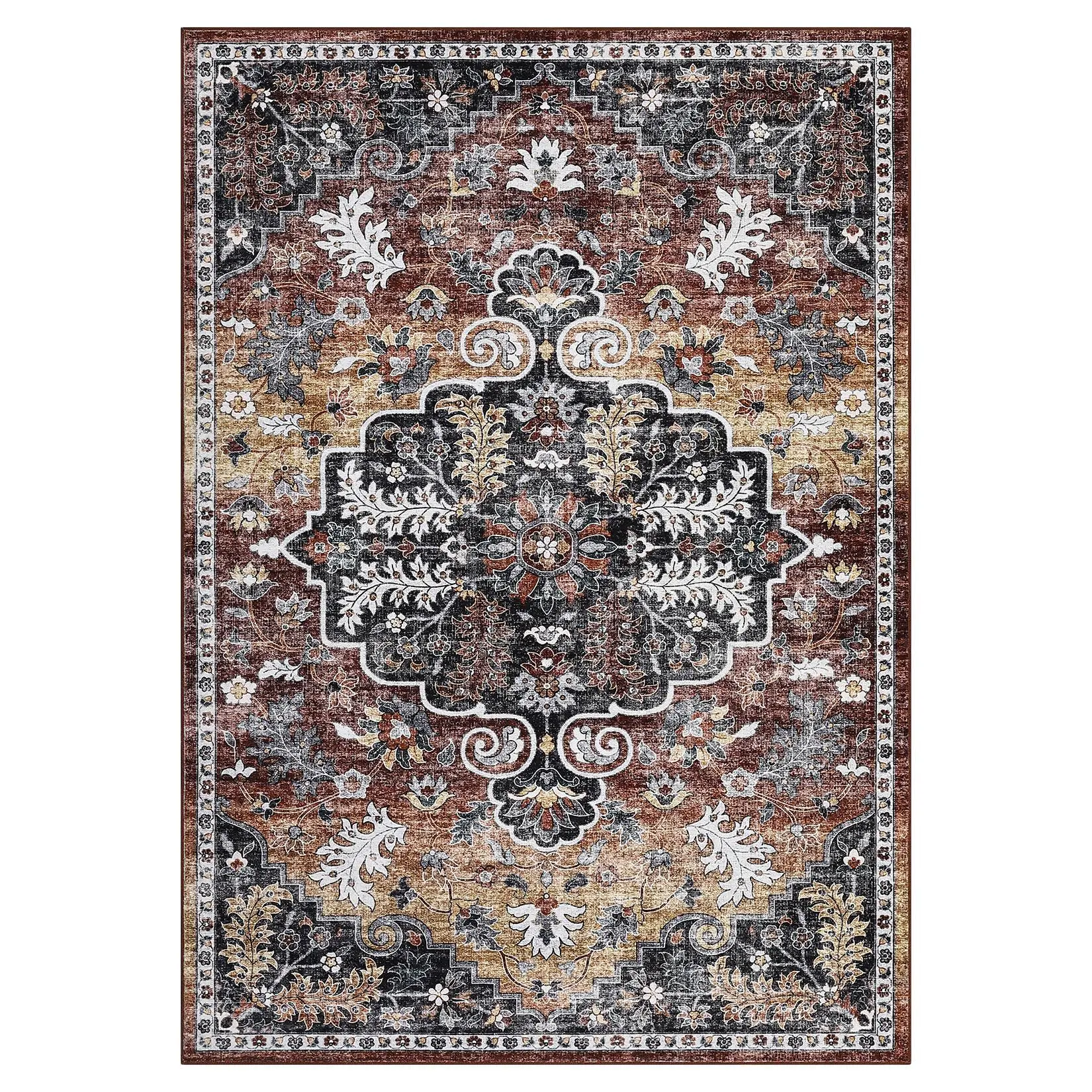 8 x 10 ft Polyester Cashmere Imitation Brown Red Rectangular Hallway Bathroom Entryway Kitchen Office Foldable Flower Printed Persian Washable Area Rug-C