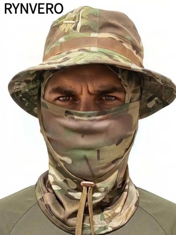 RYNVERO-Camouflage Tactical Boonie Hat + Tactical Sun-Protection Full-Face Mask Set; an outdoor bucket hat combo featuring a breathable mesh design—ideal for hiking, camping, fishing, gardening, and outdoor work.