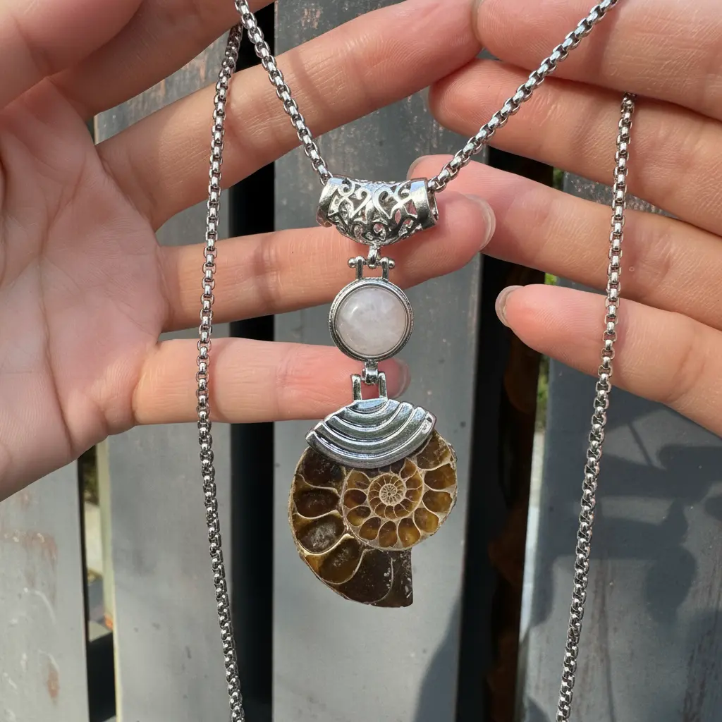 Natural Ammonite Pendant Necklace - 18in-22in Adjustable Length, Unisex Daily Wear Unique Accessory, Natural Beauty Piece, Ideal Birthday Gift for Kids