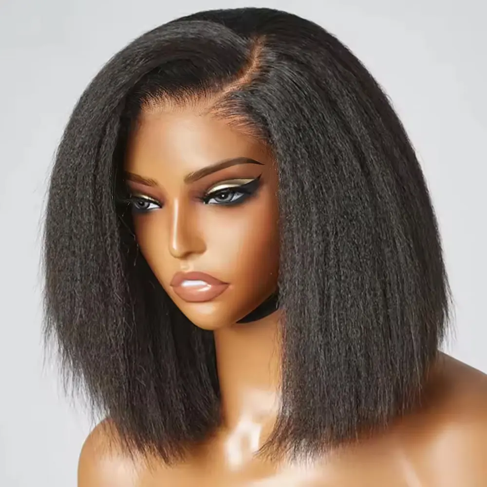 Yaki Kinky Straight Bob Wigs 7️x5 HD Lace Front Human Hair Wigs Yaki Straight Glueless Ready Wear Go Wig Pre plucked Natural Hairline 200% Lace Wigs Beginner Friendly