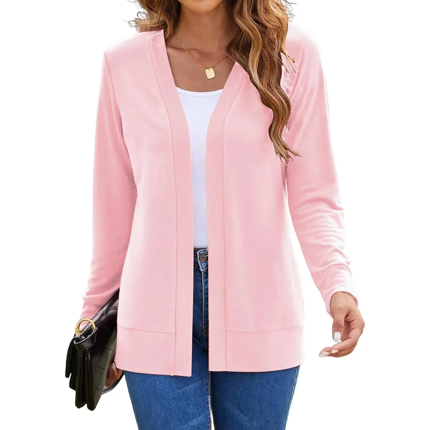 Women's Solid Long-Sleeve Spandex-Blend Knitwear Cardigan Shirts - Thin, Lightweight, Flowy, Soft, Open-Front, Draped Basic Sweaters for School Casual Wear, Cardigan for Women