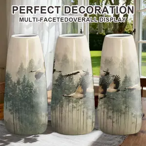 1PC Hand-Painted Bird Forest Pattern Ceramic Vase, Boho Style Home Decor, Elegant Artistic Vase for Living Room, Modern Minimalist Design