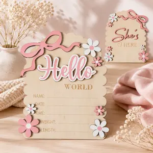 Newborn Baby Announcement Sign Wooden Hello World Birth Board Double Sided Baby Photo Prop Hospital Newborn Keepsake Decor