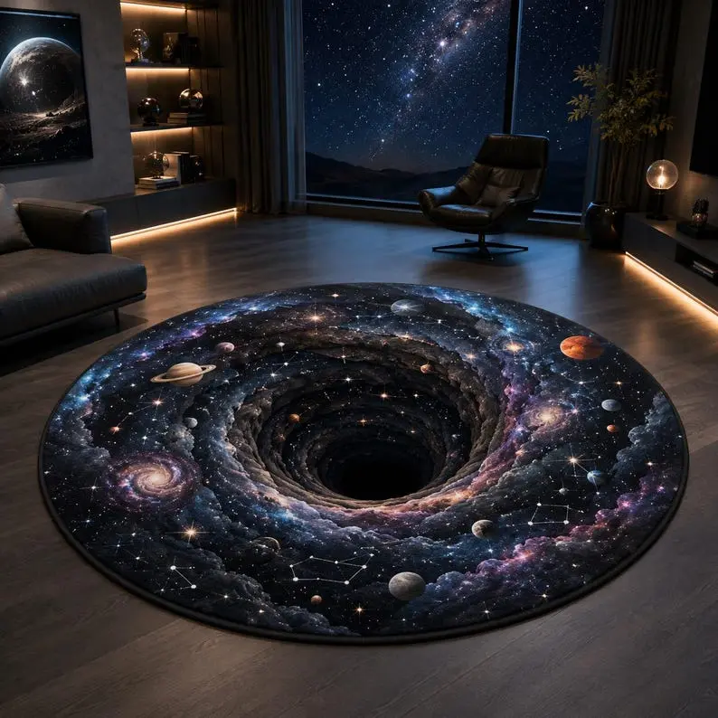 Galaxy Black Hole Round Rug, 3D Optical Illusion Floor Mat, Outer Space Planet Carpet, Cosmic Universe Home Decor, Astronomy Gift