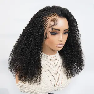 OQ HAIR Side Braided Kinky Curly Glueless Natural Melt Pre-Cut 13x4 HD Lace Frontal Wig Snug Fit Drawstring Cap Bleached Knots Wear Go Wig With Baby Hair