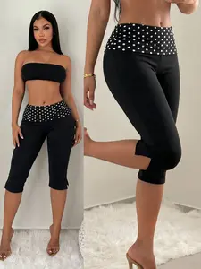 Women's Polka Dot Waistband High Waist Slim Fit Capri Pants 2026 Casual Streetwear Perfect For Everyday And Night Out Stylish Viral TikTok Must Have Fashion Essential