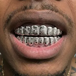 Hip Hop Electroplated Gold Teeth Grillz Set, 10 Teeth Flower Copper Teeth Jewelry, Trendy Personality Accessories