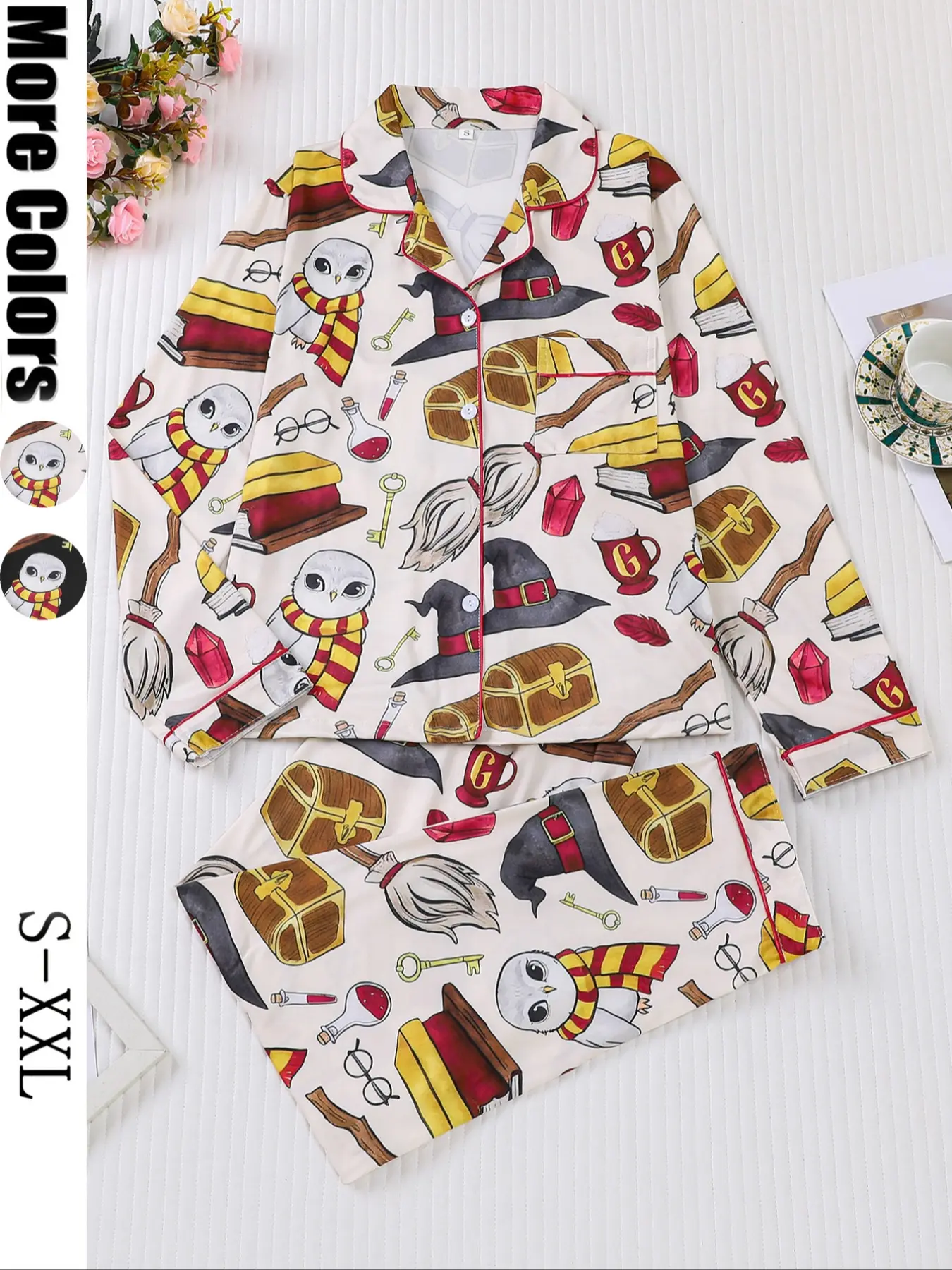 Women's 2-Piece Pajama Set, Pjs, Nightwear, Magic Theme All-Over Print, Soft Knitted Shirt Collar Top & Elastic Pants, Casual Loungewear for Fall Winter