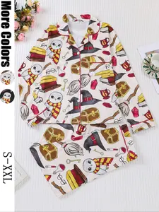 Women's 2-Piece Pajama Set, Magic Theme All-Over Print, Soft Shirt Collar Top & Elastic Pants, Casual Loungewear for Fall Winter