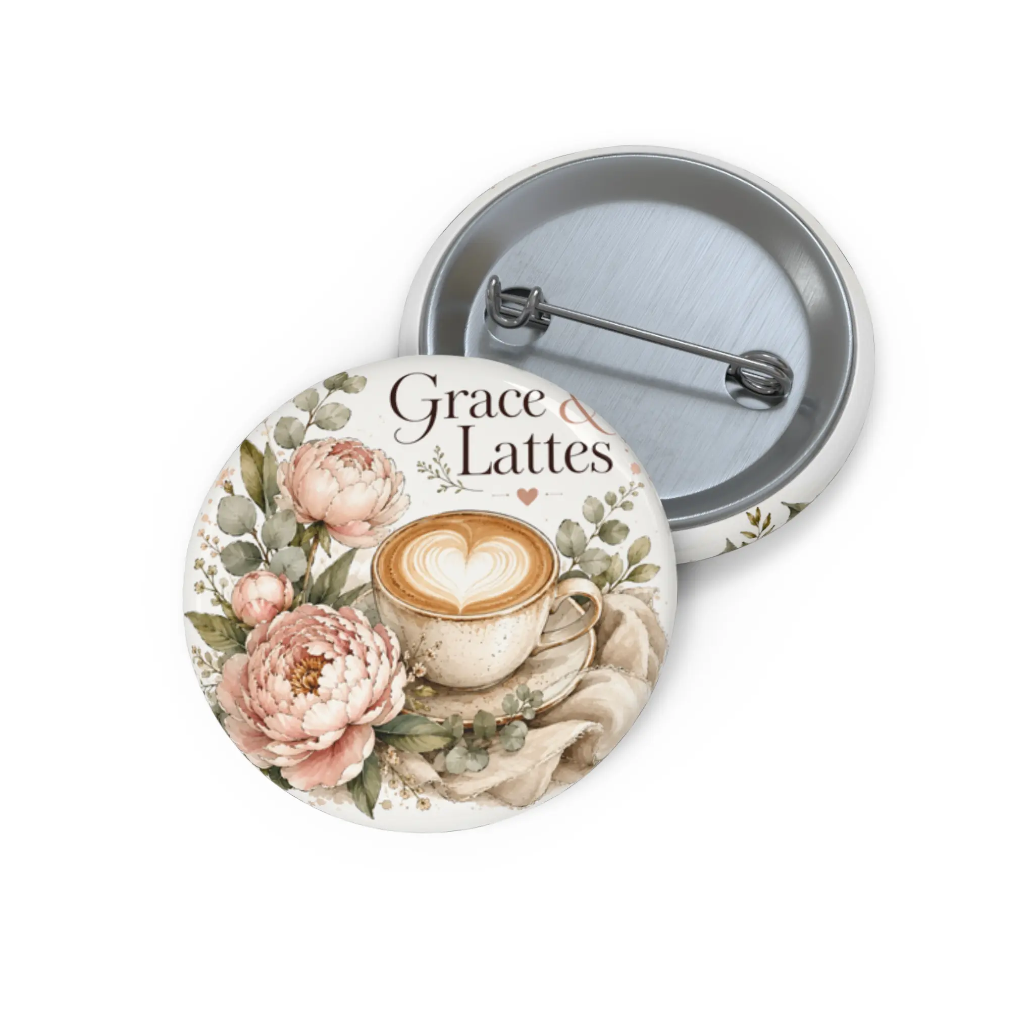 Grace Lattes coffee pin button | floral latte art enamel pin