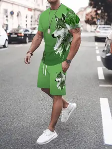 Men's 3D Wolf Print Casual Round Neck T-Shirt Set, Short Sleeve T-Shirt & Shorts, Polyester Knit Fabric, Summer Outdoor Fashion