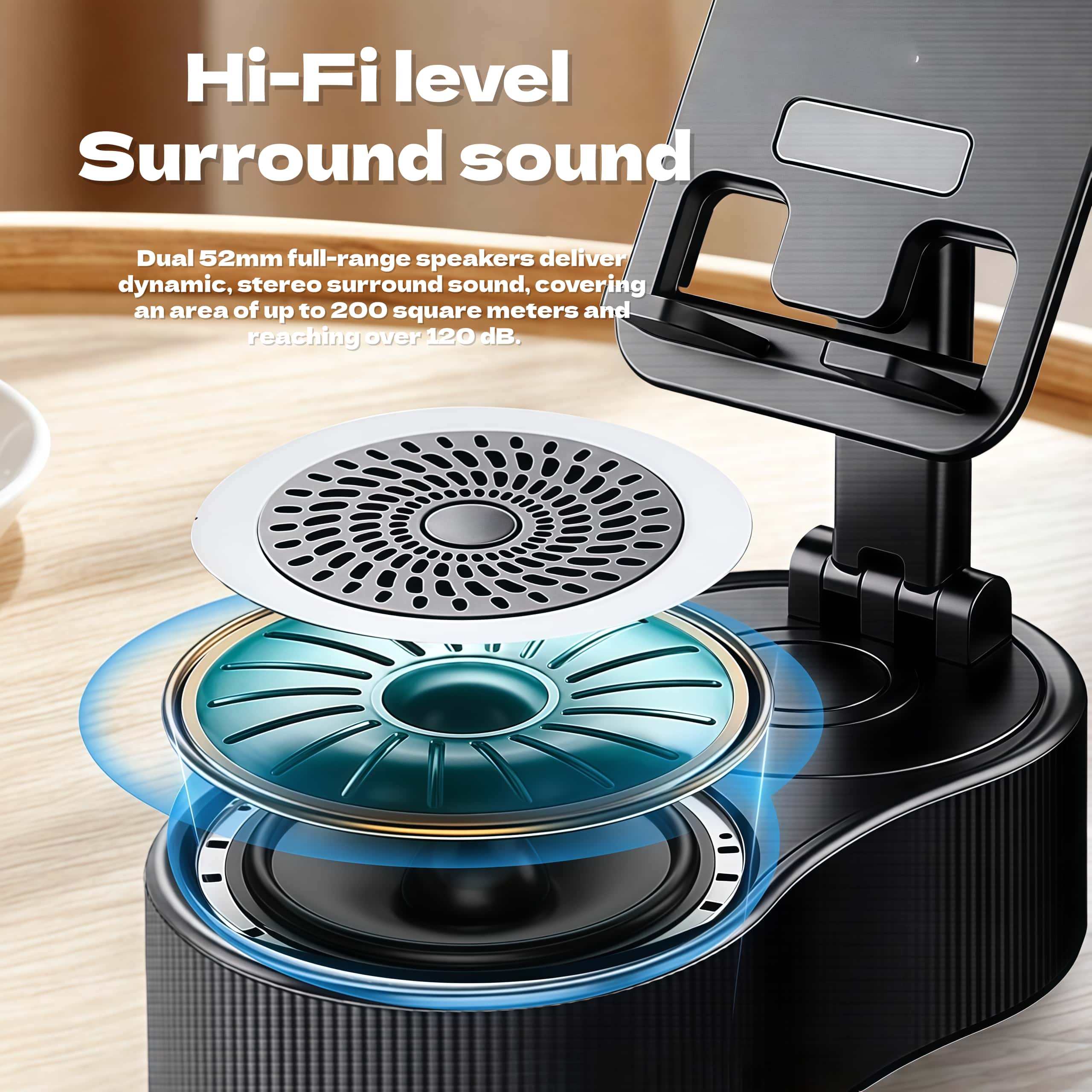Wireless Induction Audio Bluetooth Speaker 5in1 Cellphone Holder Portable Power Mobile Tablet Stand with Colorful Ambient Light Gifts for Friend, Family
